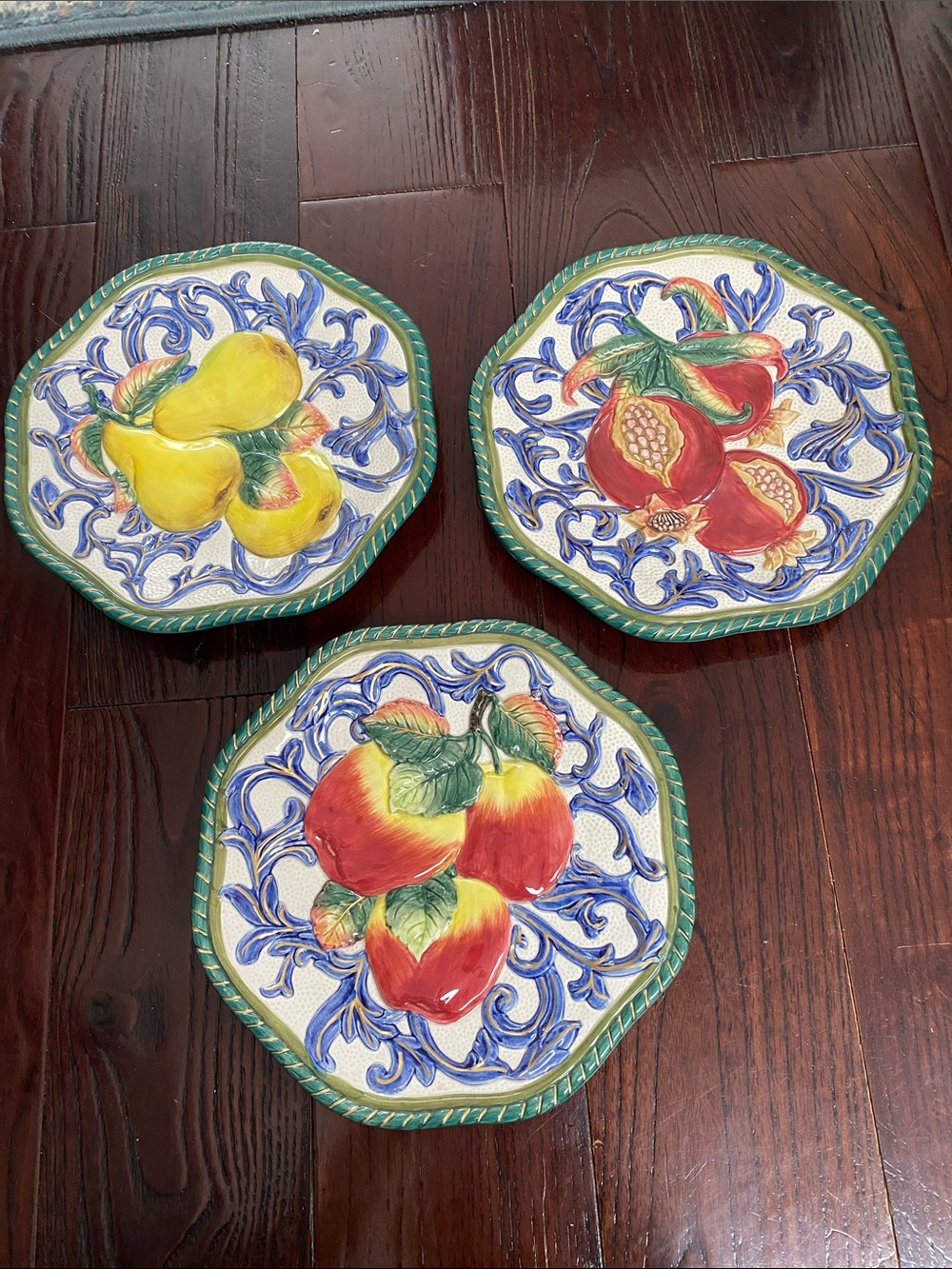 3 Fitz & Floyd Majolica Florentine Canapé Wall Plates 9” Pear Apple Pomegranate